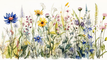 Watercolor drawing of wildflowers on white background, hand drawn illustrationの素材