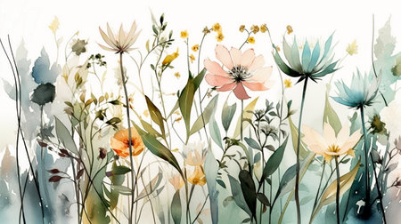 Watercolor floral background with wild flowers. Hand drawn illustration.の素材