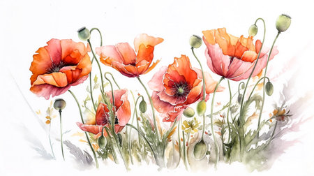 Red poppies isolated on white background. Watercolor illustration.の素材