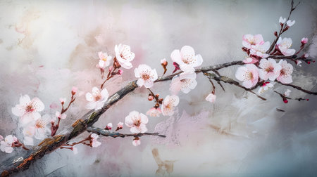 Cherry blossom branch with watercolor effect on grunge backgroundの素材