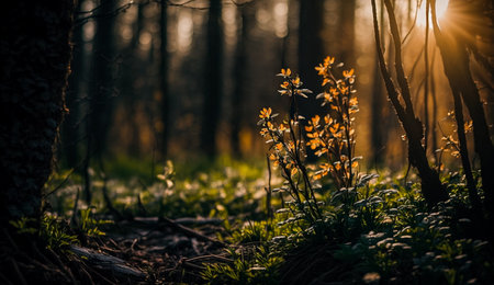 Sunset or sunrise in the forest. Early spring in the woodsの素材