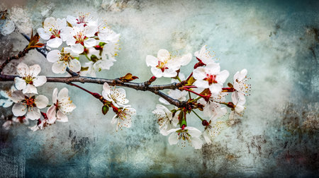Blossoming branch of cherry on the background of the old wallの素材