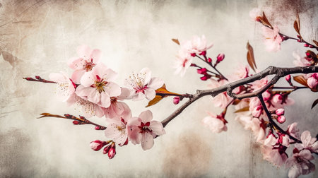 cherry blossom branch with pink flowers on grunge paper backgroundの素材