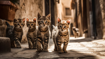 Three cute little kittens walking in the street. Selective focus.の素材