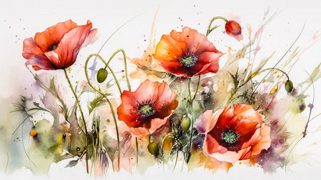 Watercolor painting of poppies flowers, hand drawn illustration on white backgroundの素材