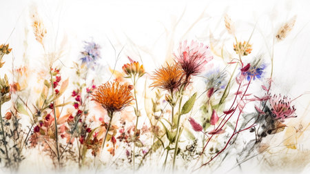Watercolor painting of cornflowers and wildflowers on white backgroundの素材