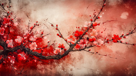 cherry blossom tree branch with red flowers on grunge backgroundの素材