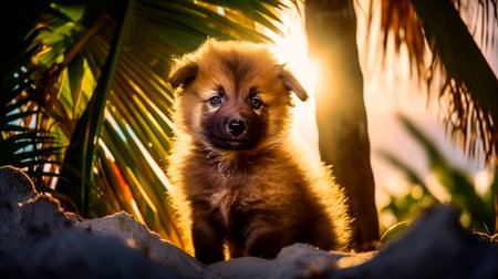 Pomeranian puppy in the shade of a palm tree at sunsetの素材