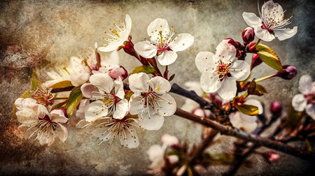 Beautiful blooming branch of cherry on grunge background. Vintage style.の素材