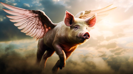 Pig with wings flying high in the sky, 3d renderの素材