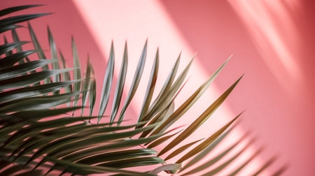 Tropical palm leaf on pink background. Minimal concept.の素材