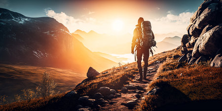 Backpackers in the mountains at sunset. Travel and adventure conceptの素材