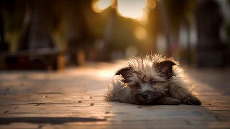 Cute dog sleeping on a wooden floor in the evening light.の素材