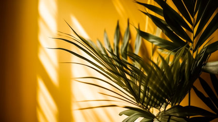 Tropical palm leaves on yellow background with sunlight and shadows.の素材