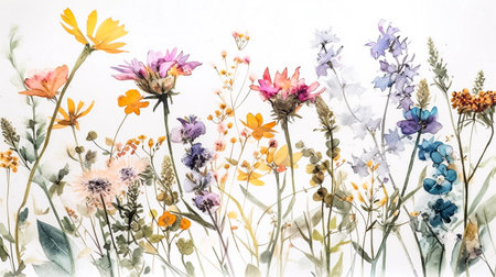 Watercolor painting of wild flowers on white background. wild flowersの素材