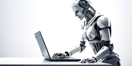 Cyborg working with laptop on white background. 3D rendering.の素材