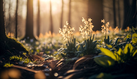 Beautiful spring flowers in the forest at sunrise. Soft focus.の素材