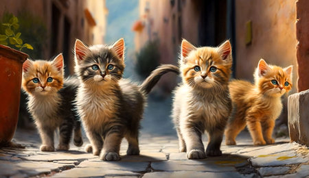 Three kittens of siberian breed on the street in a villageの素材