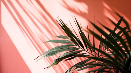 Tropical palm leaf shadow on pink wall. Minimal summer concept.の素材
