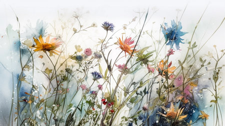 Watercolor painting of wildflowers in the meadow on a white backgroundの素材