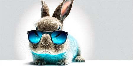 Easter bunny wearing blue sunglasses on a white background with space for textの素材