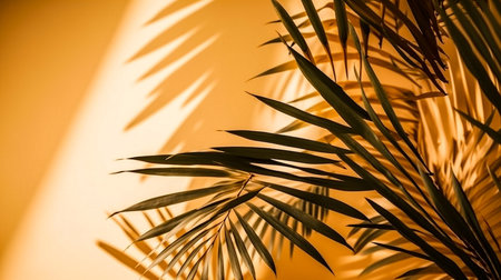 Palm leaves on a yellow background. Tropical palm leaf shadow.の素材