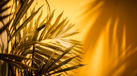 Palm leaf on a yellow background with shadow. Toned.の素材