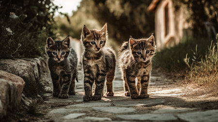 Three kittens on the street. Black and white photo. Toned.の素材