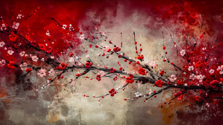Watercolor painting of plum blossom branch on grunge background.の素材