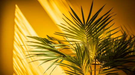 Green palm leaves on a yellow background. Sunlight and shadows.の素材