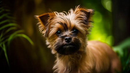 Portrait of a cute Yorkshire Terrier dog on a green backgroundの素材