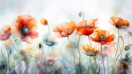 Watercolor painting of poppy flowers on white background. digital illustration.の素材