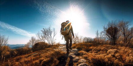 Hiker with backpack on a trail in the mountains at sunset.の素材