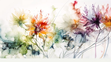 Colorful watercolor flowers on paper background, watercolor painting on paperの素材