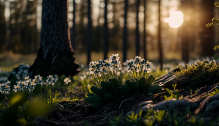 Spring flowers in the forest in the rays of the setting sun.の素材