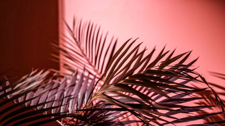 Palm leaves on a pink background. Close up. Copyspaceの素材