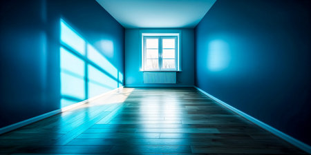 Empty room with blue wall and wooden floor. 3d rendering.の素材