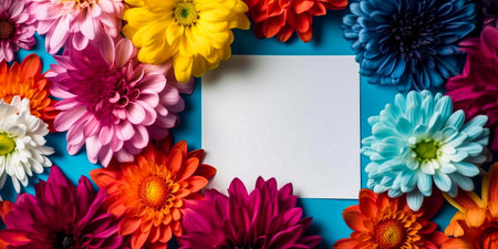 Colorful flowers on a blue background with a white sheet of paperの素材