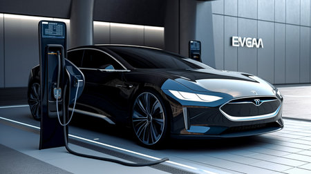 Electric car charging in the charger station. 3D rendering image.の素材