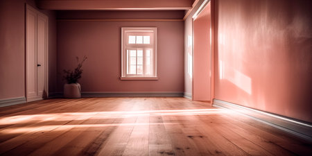 Empty room with red walls and wooden floor, 3d render.の素材