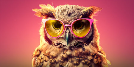 Beautiful owl with sunglasses. Photo in old color image style.の素材