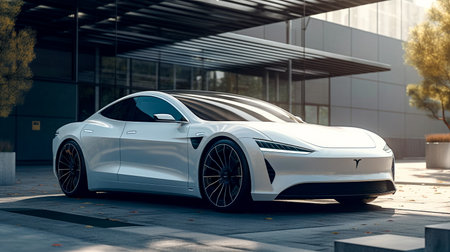 3D rendering of a brand-less generic concept car in the cityの素材