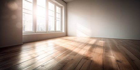 Empty room with window and wooden floor. 3d rendering. Empty room.の素材
