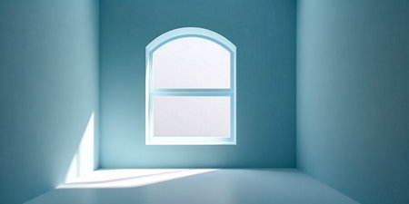 3d rendering of a window with a white frame in a blue roomの素材