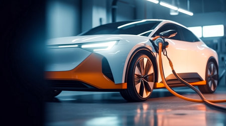 Electric car charging in a car service station. Electric vehicle concept.の素材