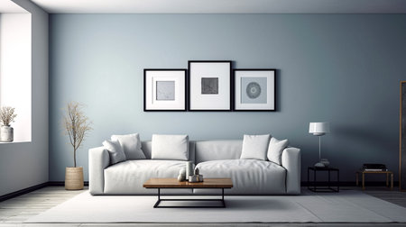 Interior of living room with white sofa, coffee table and three posters on wall. 3d renderingの素材