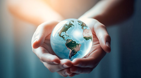 Globe in human hands, protecting our planet earth from global warming.の素材