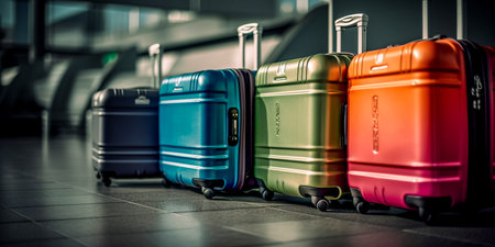 Colorful travel suitcases in airport terminal. Toned image.の素材