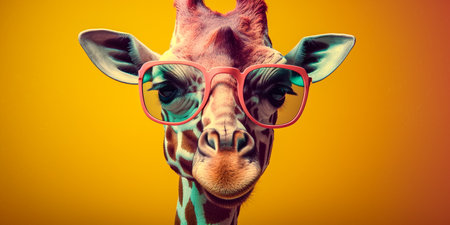 Funny giraffe with eyeglasses isolated on yellow background.の素材