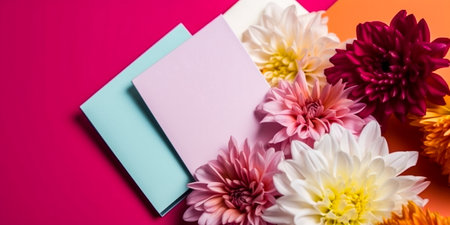 Top view of colorful dahlia flowers and blank card on pink backgroundの素材
